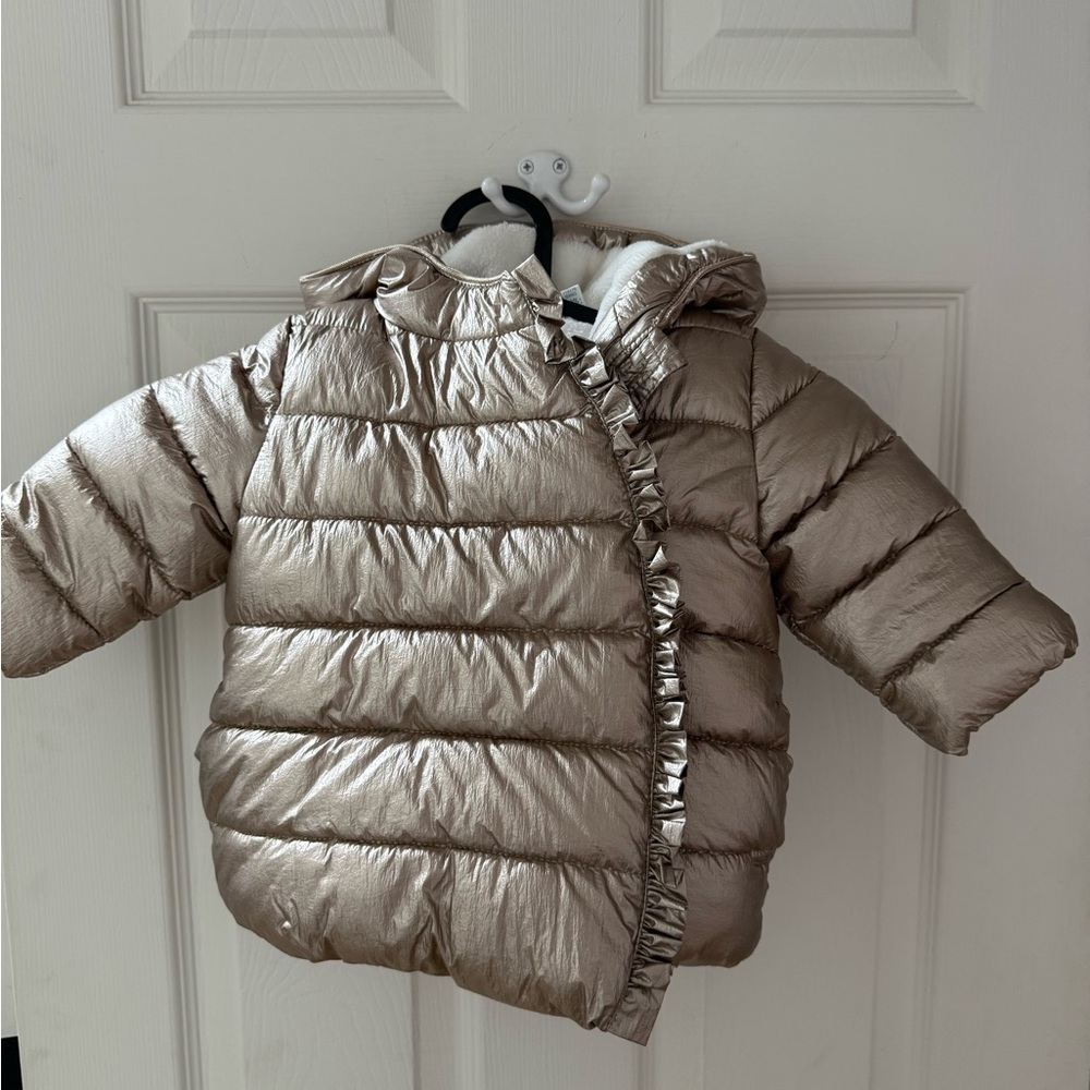 Silver Asymmetrical Puffer Jacket with High Collar